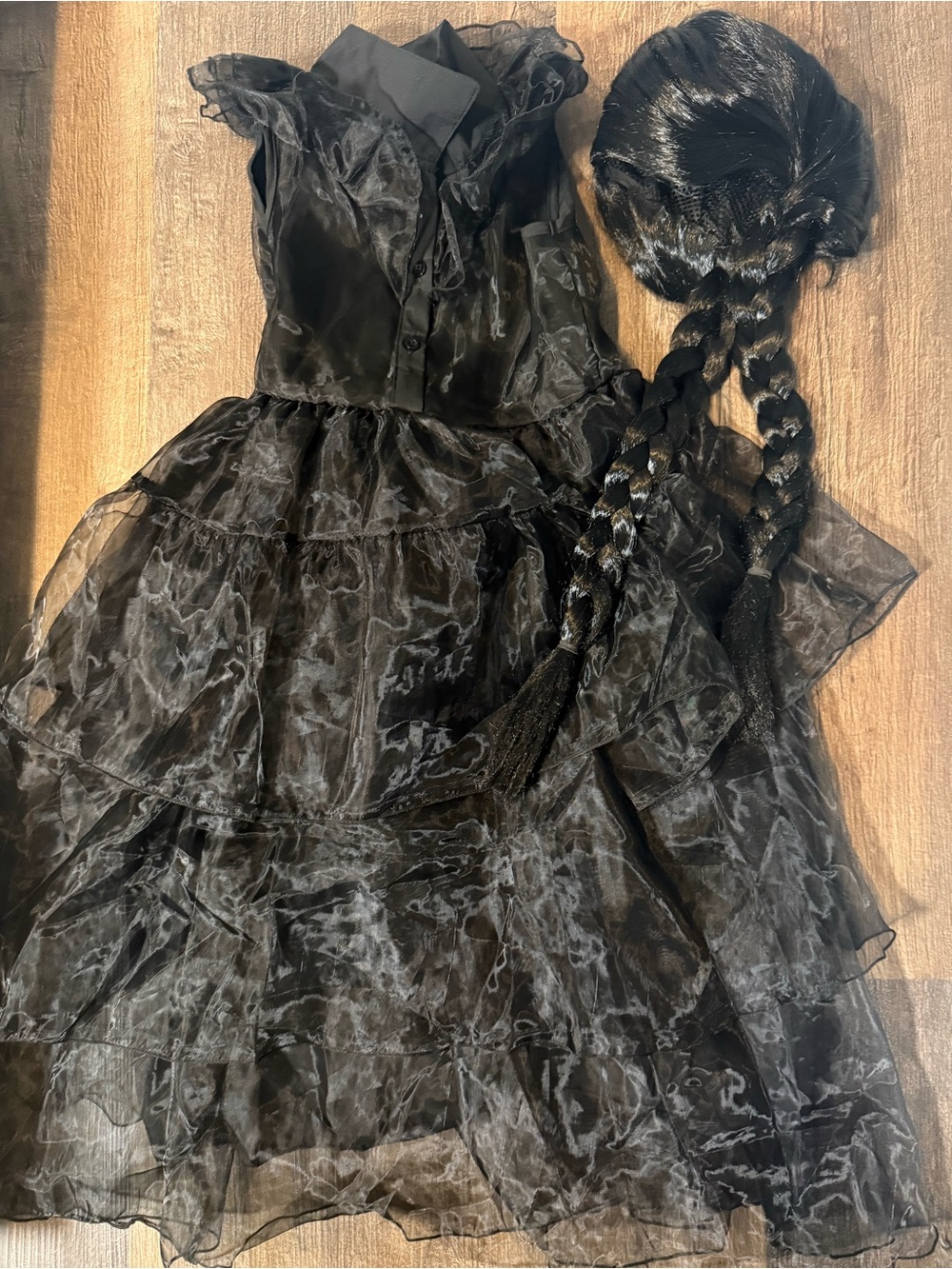 Girls  Wednesday Prom Black Costume Dress with Braided Wig